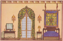 In-swinging window drapery in a Spanish-type bed room